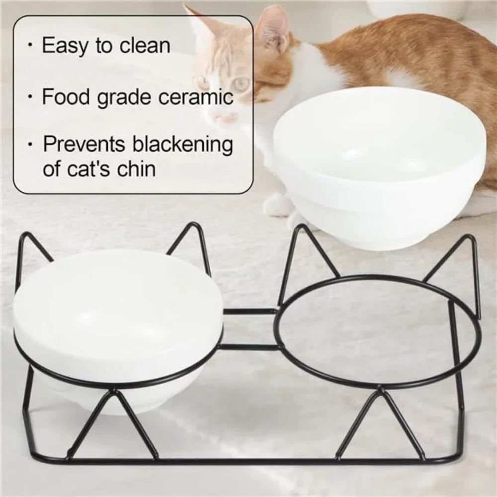 Elevated Tilted Cat Bowls for Indoor Cats，Raised Ceramic Cat Bowl Elevated15°